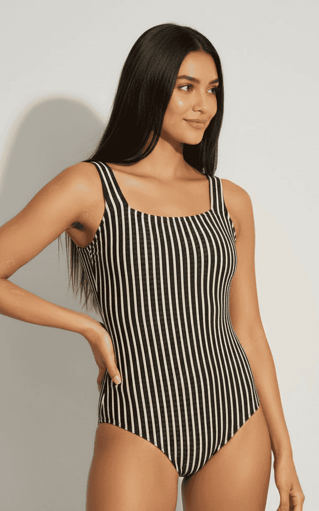 Майо с квадратным вырезом в черно-кремовую вертикальную полоску с толстыми бретелями и ретро-стилем